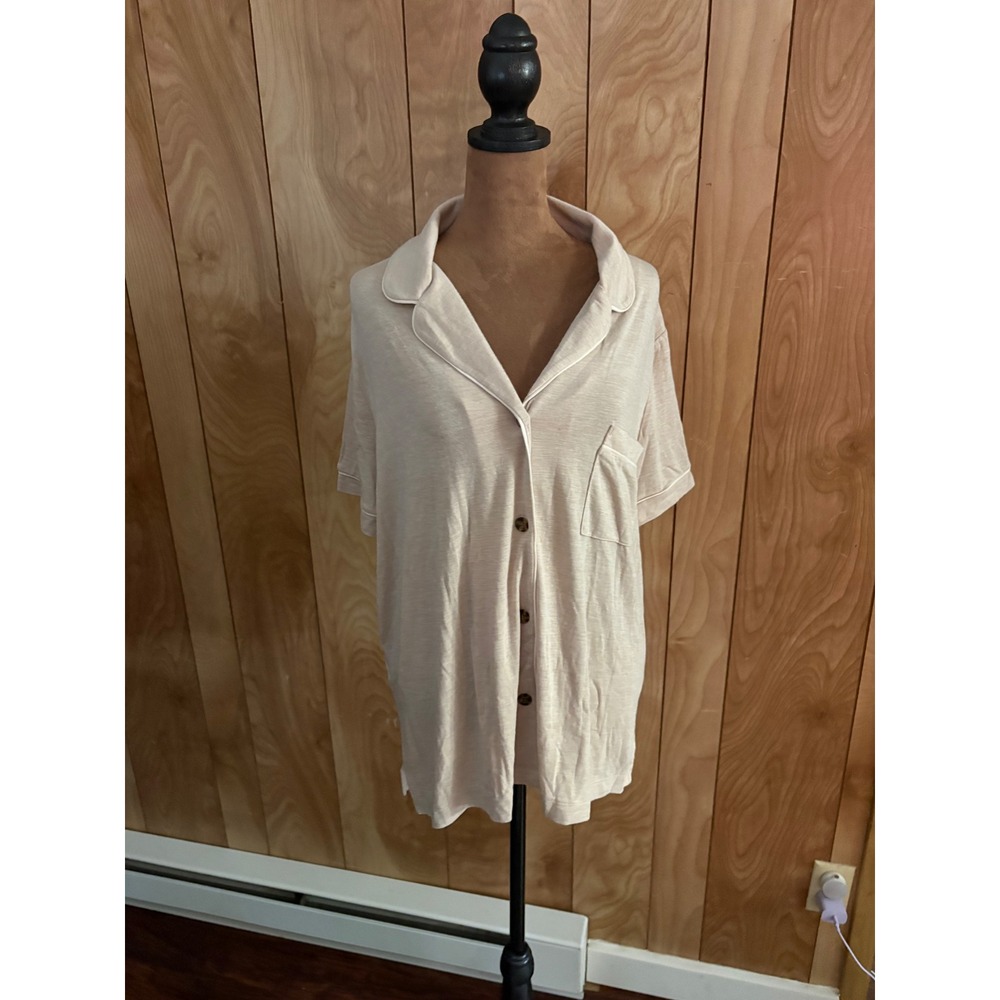 Lou & Grey Pajama Womens Large Beige Short Sleeve Button Down Sleep Shirt NEW